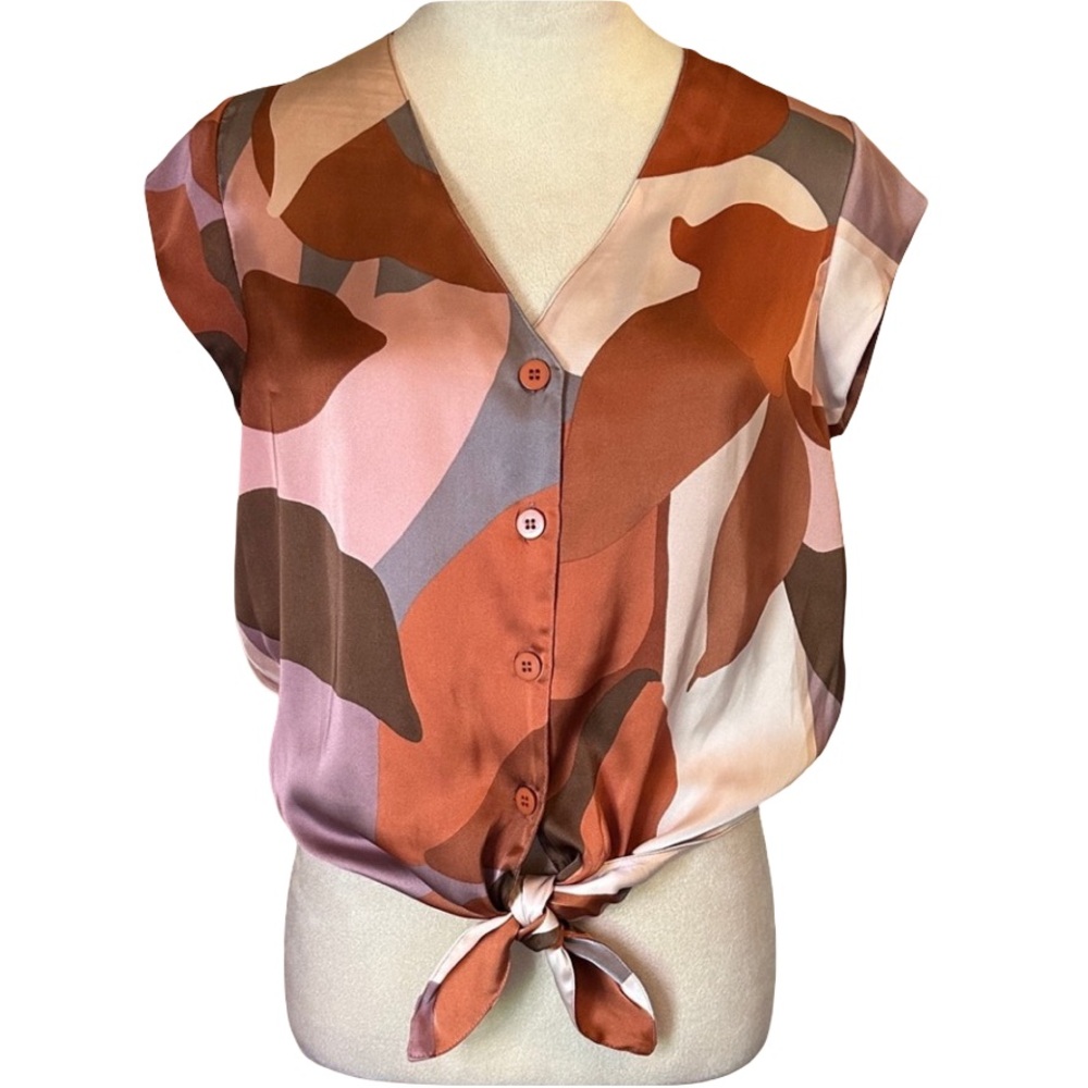 DR2 Women's Abstract Button-Up Blouse - Pink, Orange, Brown
